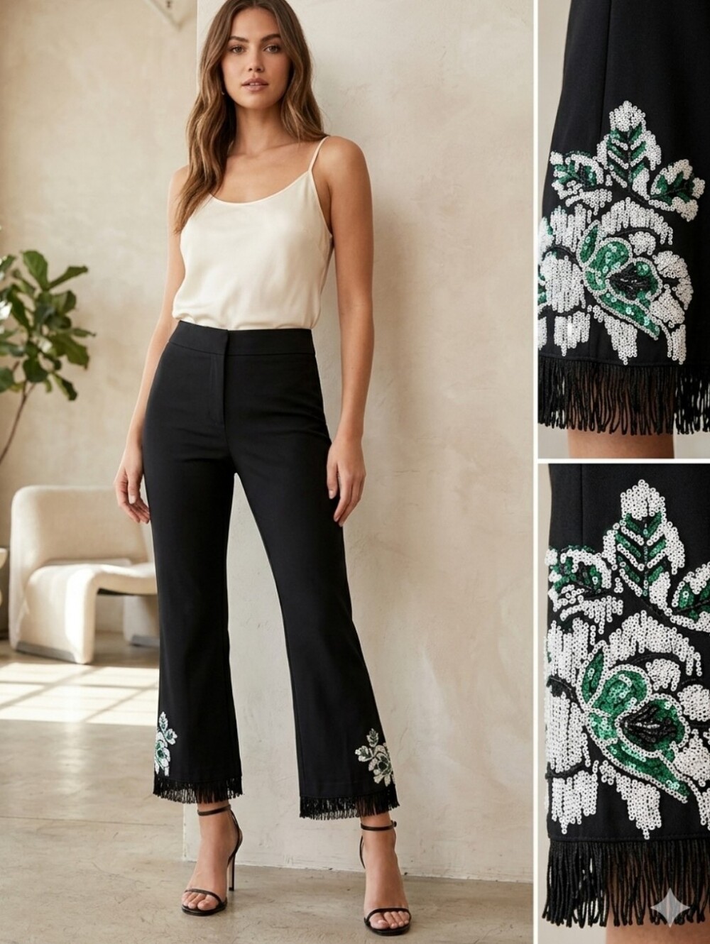 Vintage Cache Floral Beaded Sequin Crop Trouser Pants Black Size 8 Dressy Event